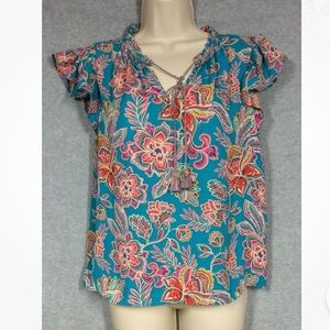 Rose & Olive Top Tassel Tie V Neck Flutter
Sleeve Pleating Peasant Boho size M